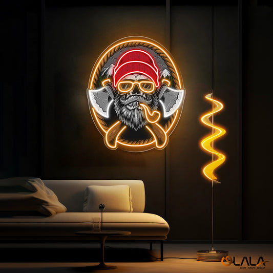 Beard Woodman Skull With Axe Neon Sign Light Artwork